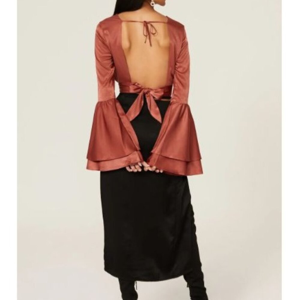 Louna Burnt Orange Tie-Back Long Bell Sleeve Cropped Top,  L Polyester/Spandex/R - Picture 2 of 11